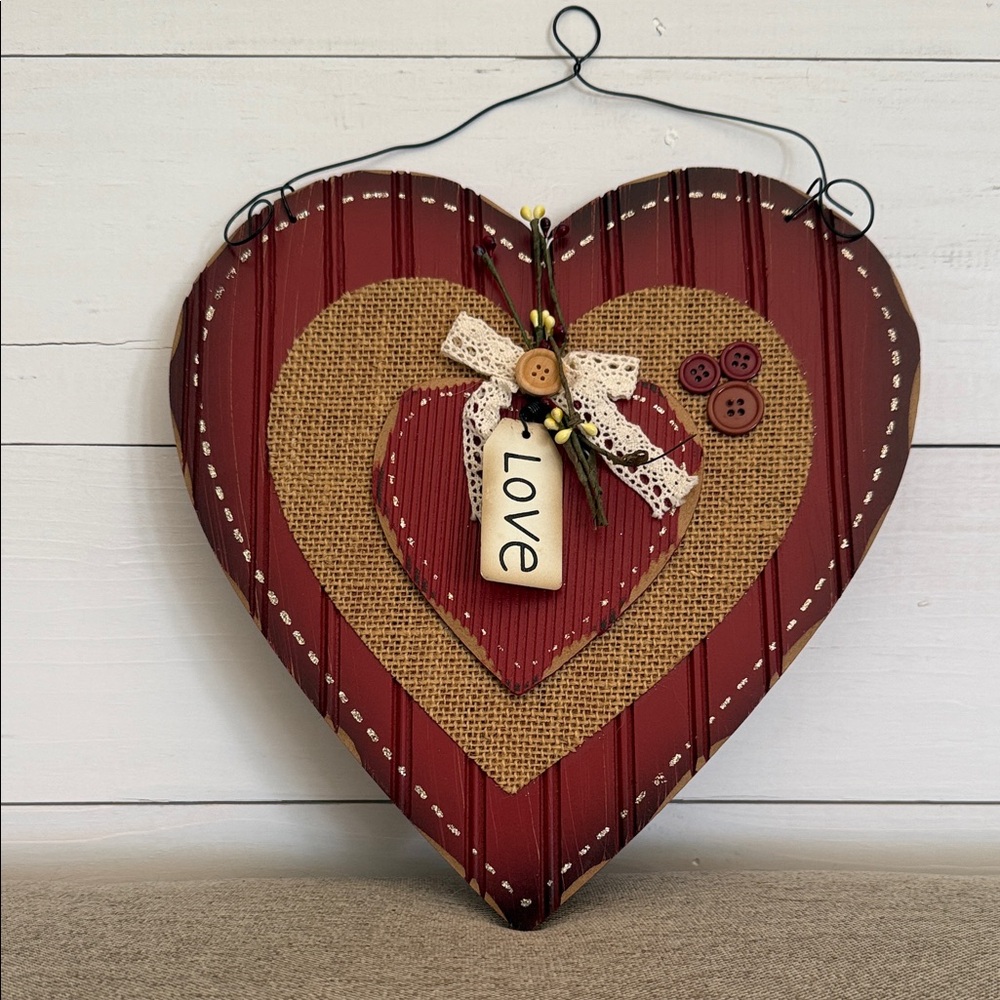 Rustic Red Heart Wall Hanging Decor with 'Love' Tag